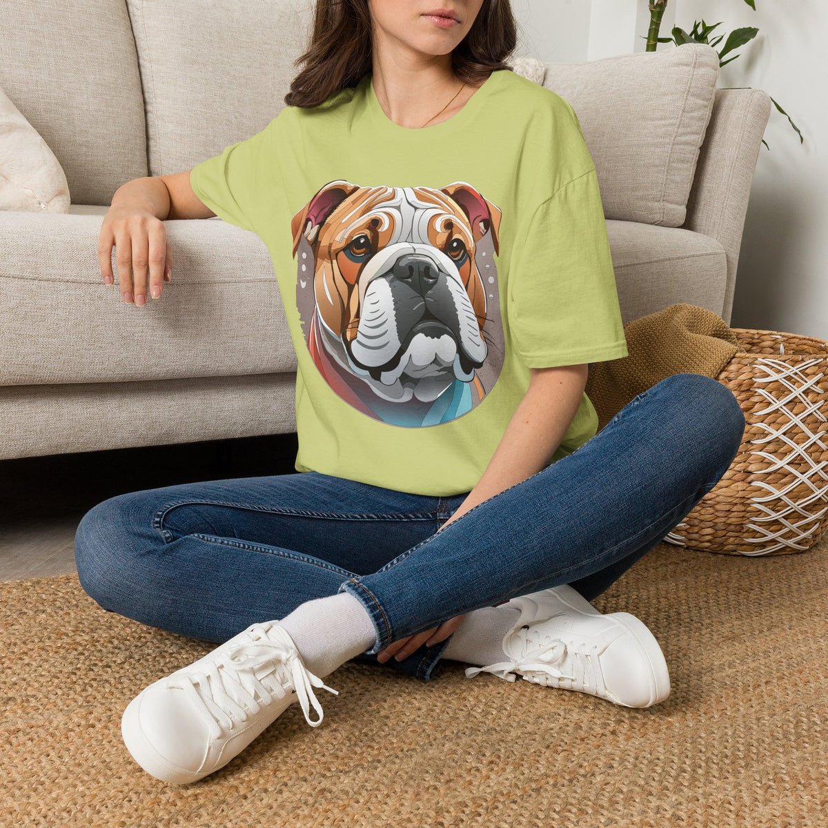 Bulldog Graphic T-Shirt — Colorful English Bulldog Portrait Graphic Design Unisex 100 Cotton Gildan T-Shirt