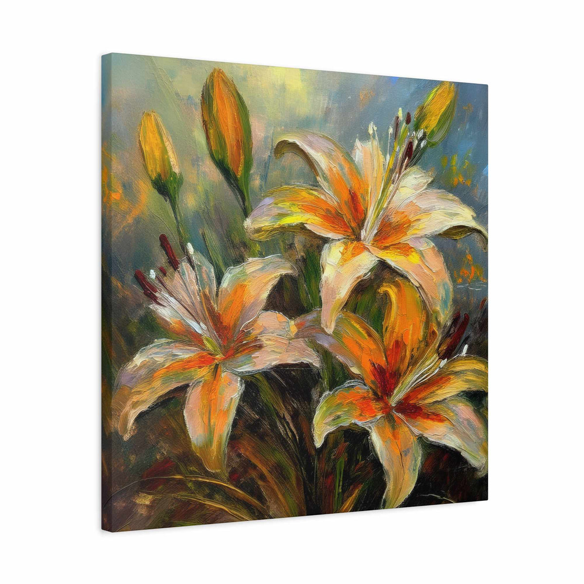Gold Lilies Print Canvas, Floral Oil Paint Print 20x20, 24x24, 30x30, 32x32, 36x36 Art Design Pine-Wood Inner Frame MC-152