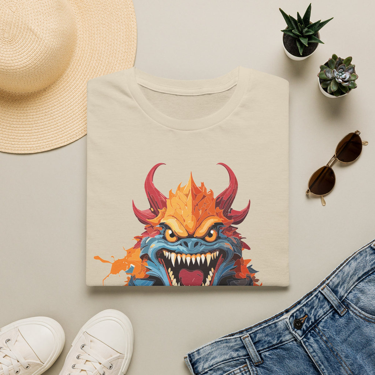 Monster T-Shirt — Fiery Demon Creature Cartoon Graphic Tee Unisex 100 Cotton Gildan T-Shirt
