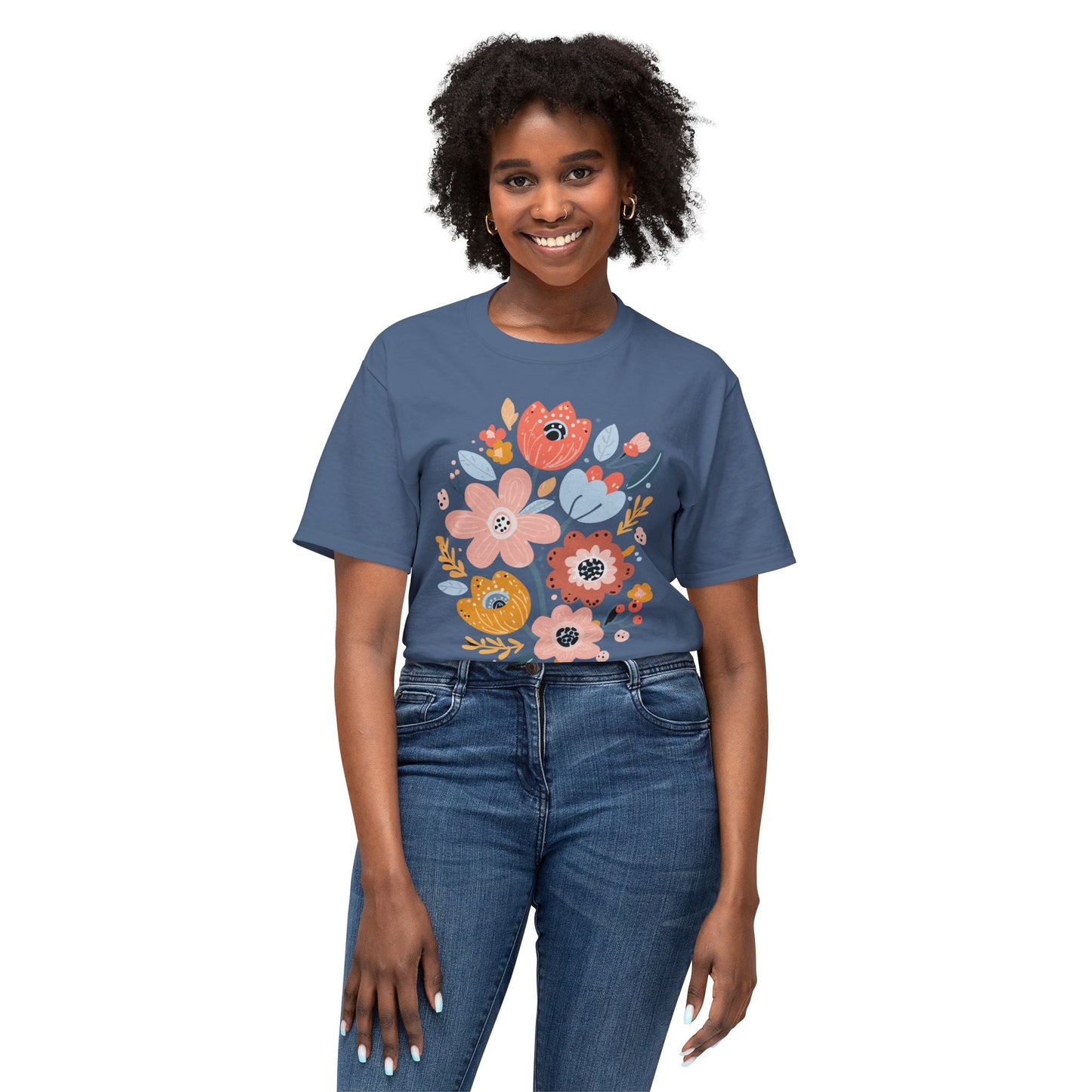 Unisex Floral Art T Shirt with Vintage Flowers Print One Hundred Percent Cotton Tee Printed In USA