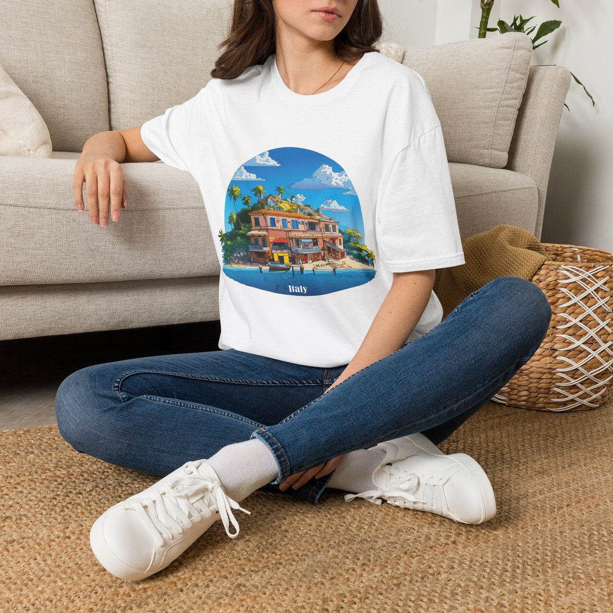 Italy Tropical Beach House Palm Trees T-Shirt | Seaside Villa Illustration
