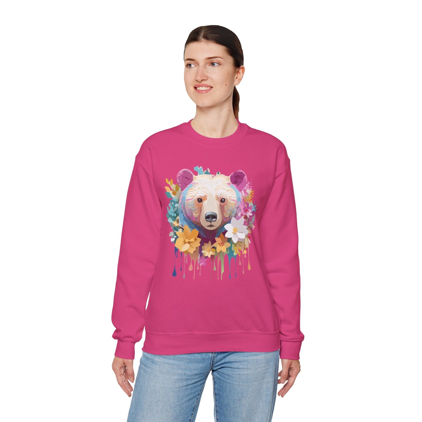 Unisex Floral Bear Sweatshirt With Art Design Gildan 18000 Crewneck