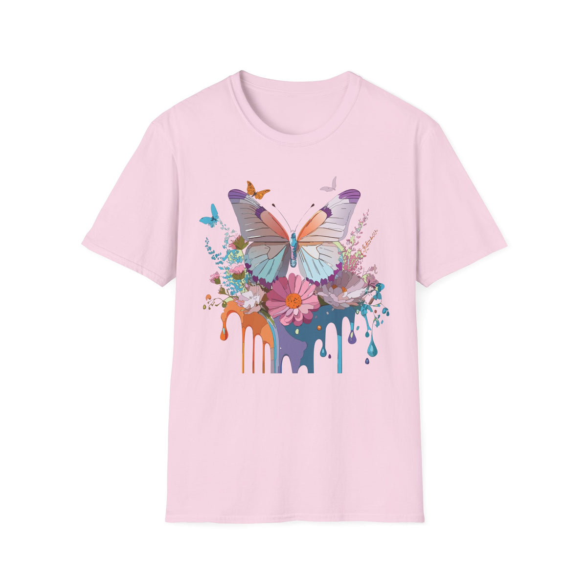 Butterfly Floral T-Shirt — Colorful Drip Art Garden Graphic Design Unisex 100 Cotton Gildan T-Shirt