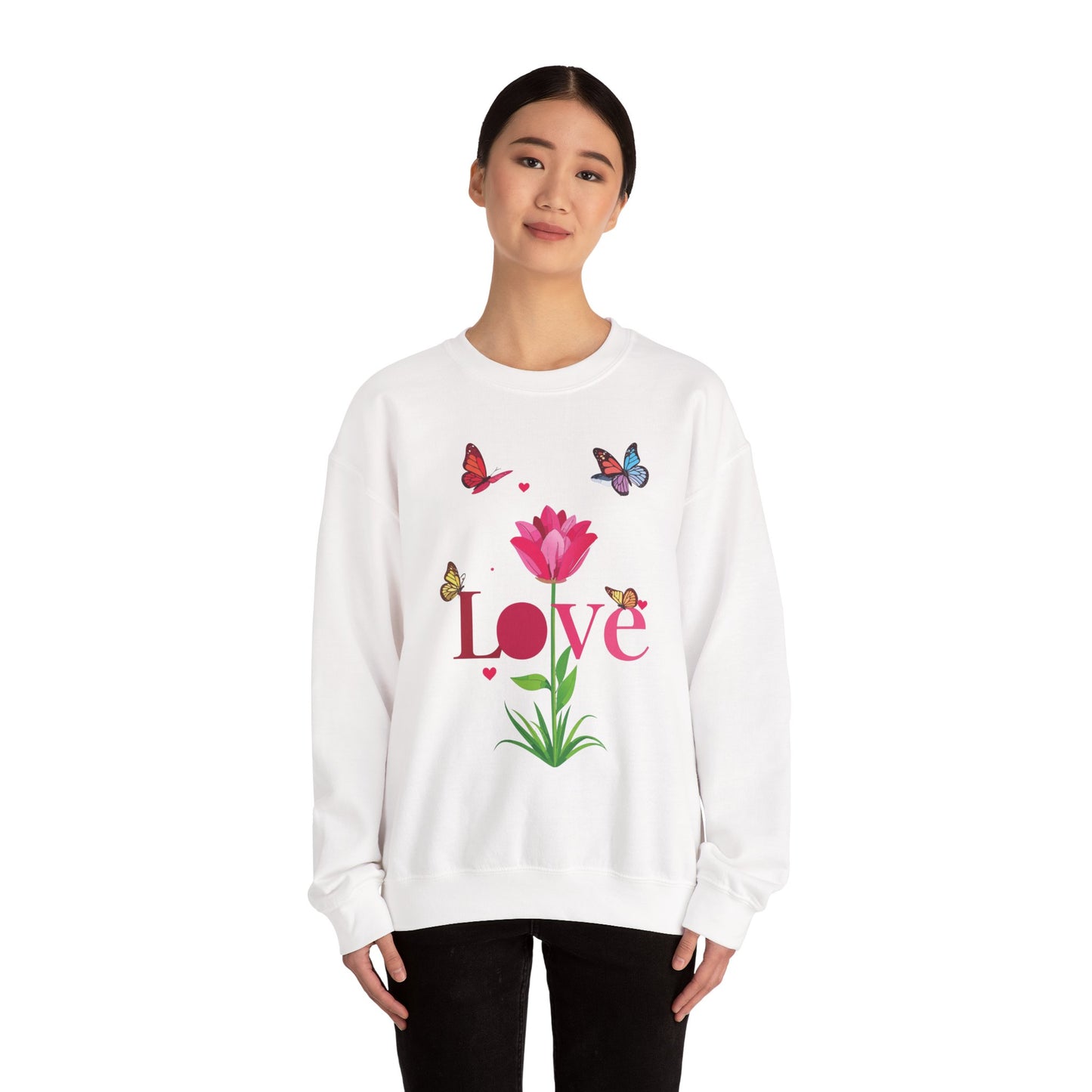 Unisex Floral Love Sweatshirt, Love Floral Sweatshirt, Floral Butterfly Sweatshirt, 50/50 Cotton-Poly Valentine's Day Sweatshirt 02