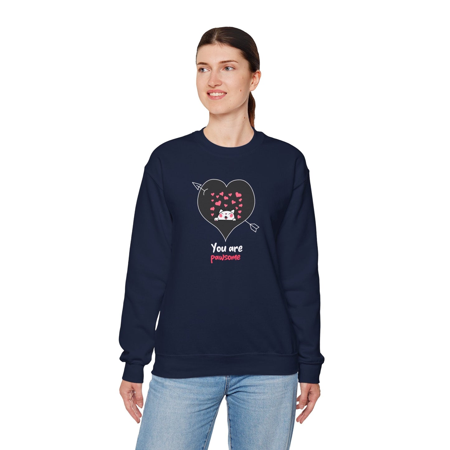 Cat Heart Sweatshirt Valentines Day Fifty Fifty Cotton Poly Unisex Crewneck Gift Idea