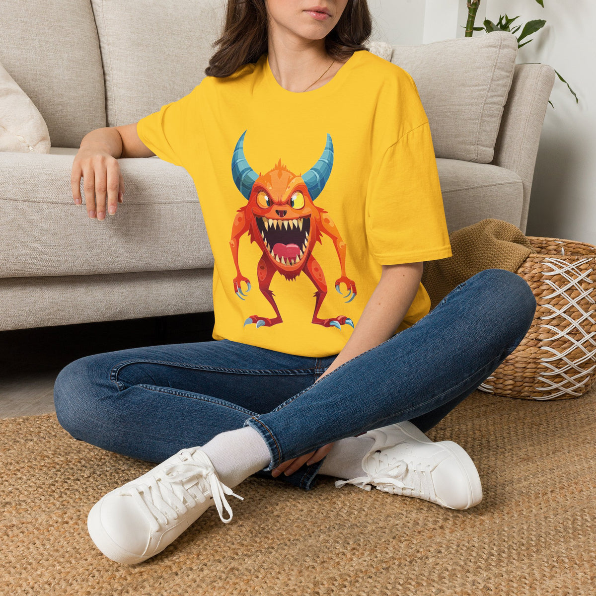 Orange Horned Monster T-Shirt — Cute Scary Cartoon Tee for Kids & Halloween Cartoon Graphic Tee Unisex 100 Cotton Gildan T-Shirt