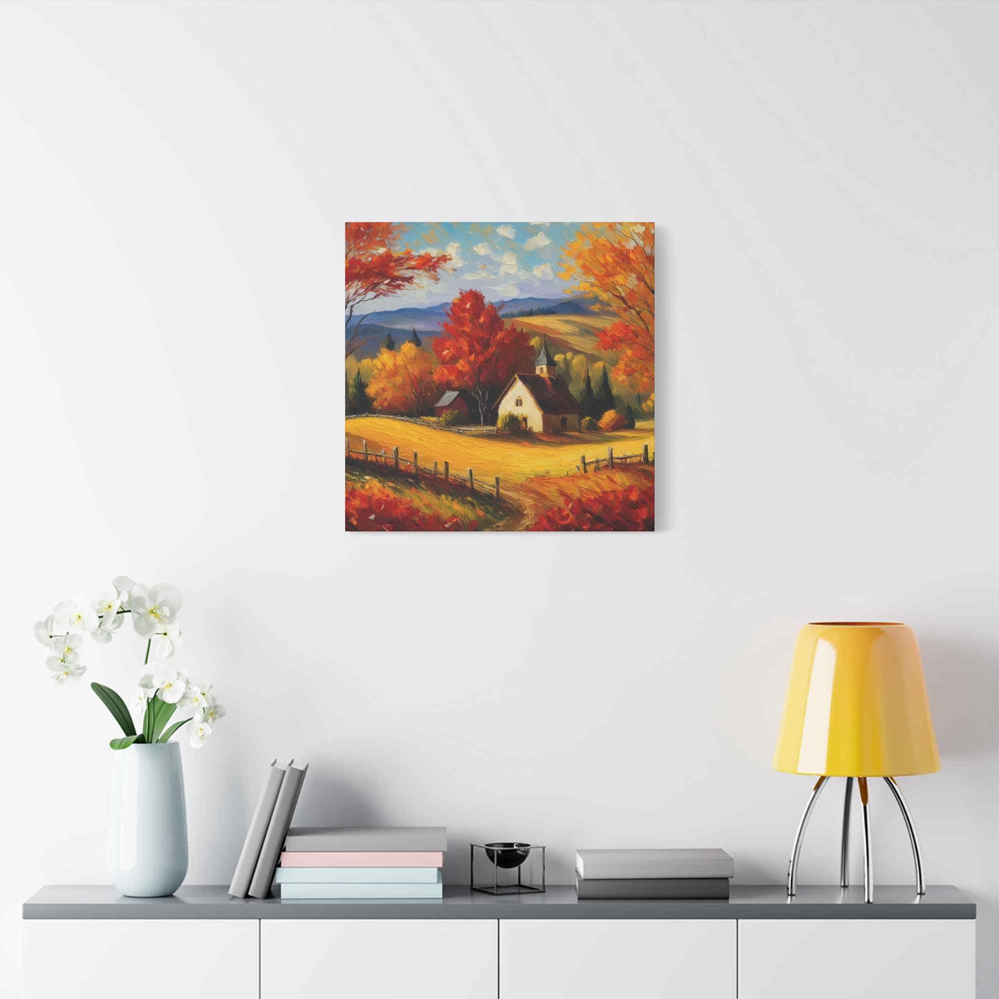 Countryside Fall Print Canvas, Oil Paint Print 20x20, 24x24, 30x30, 32x32, 36x36 Art Design Pine-Wood Inner Frame MC-106