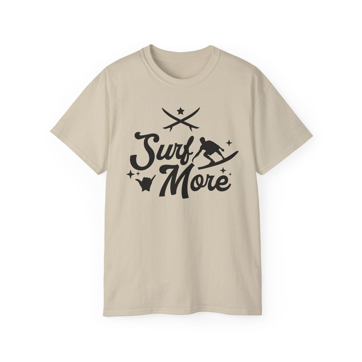Surf More surfboard graphic Tee | surfer silhouette, waves, retro script