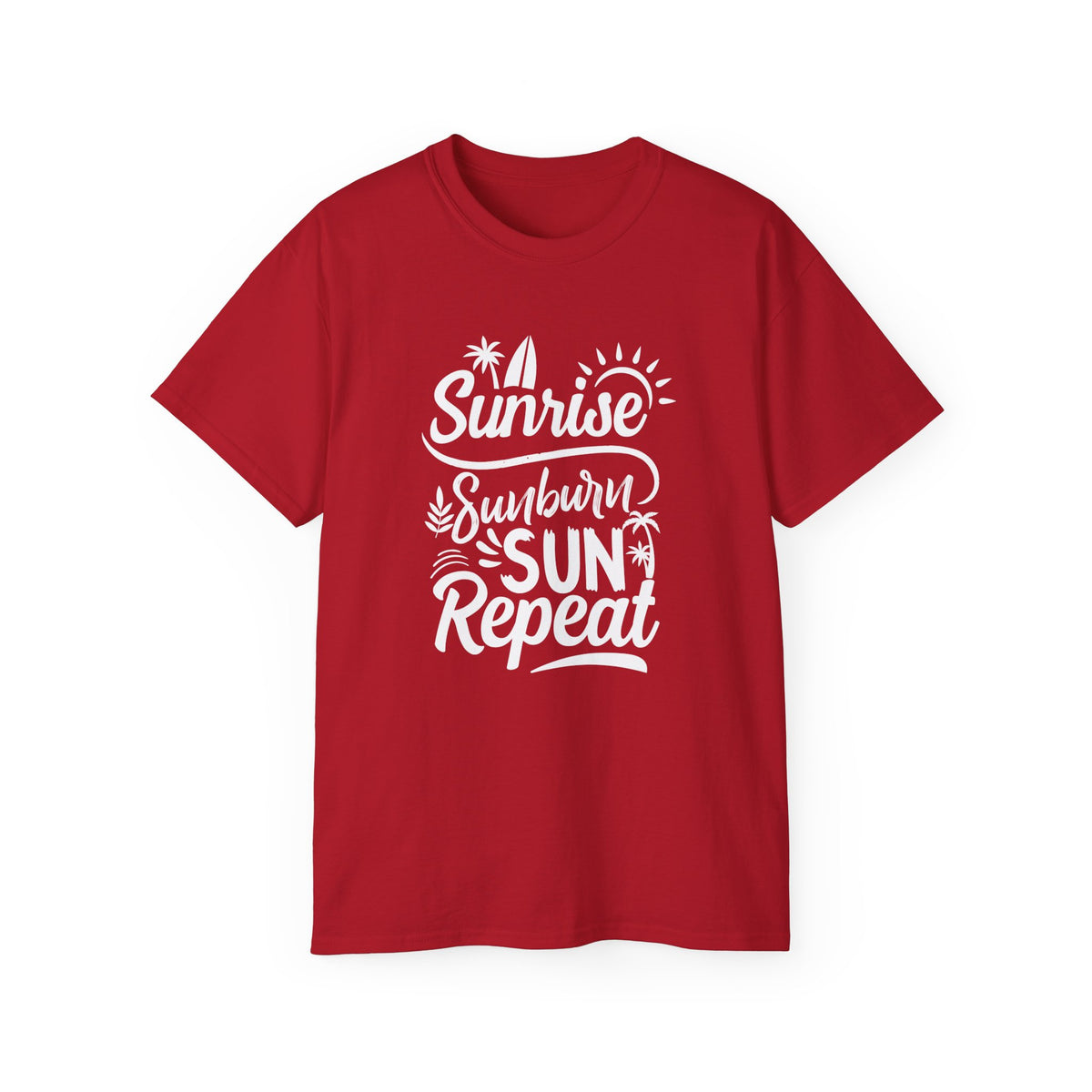 Sunrise Sunburn Sun Repeat T-Shirt | Beach Surf Typography Tee