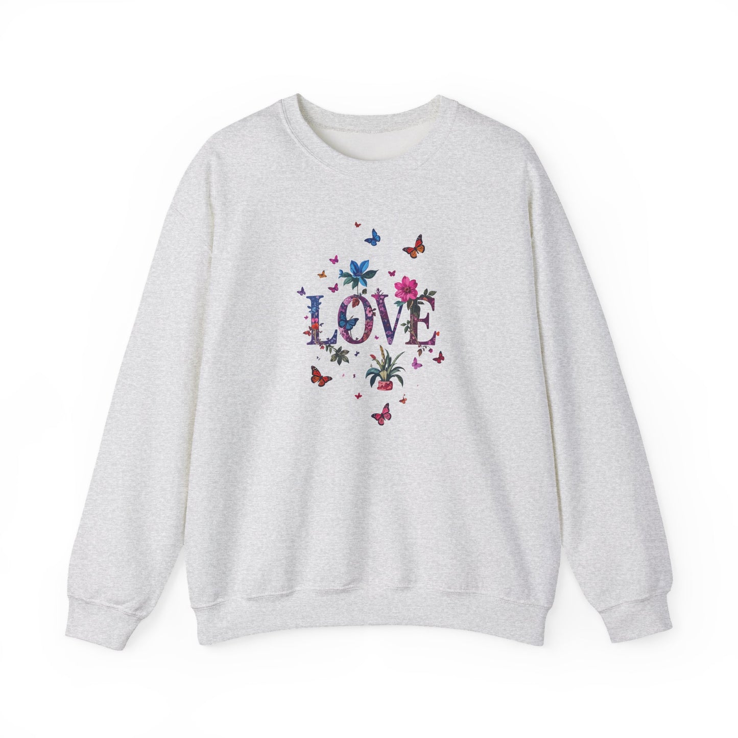 Unisex Floral Love Sweatshirt, Love Floral Sweatshirt, Floral Butterfly Sweatshirt, 50/50 Cotton-Poly Valentine's Day Sweatshirt 03