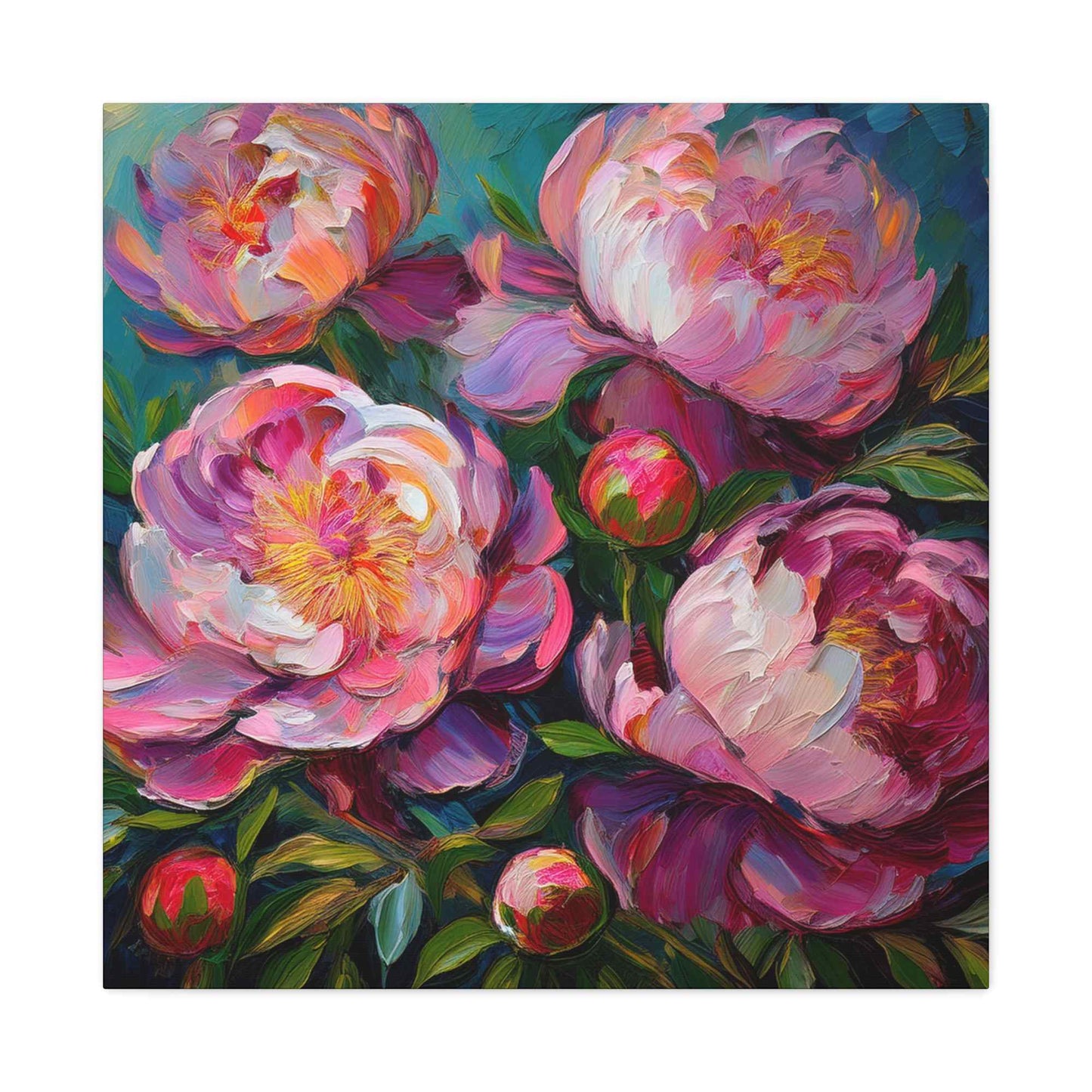Pink Peonies Print Canvas, Floral Oil Paint Print 20x20, 24x24, 30x30, 32x32, 36x36 Art Design Pine-Wood Inner Frame MC-114
