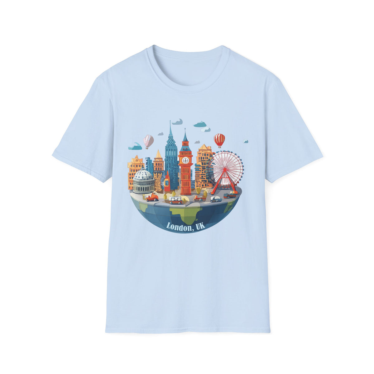 London Skyline Illustration T-Shirt | Big Ben, London Eye, Hot Air Balloons