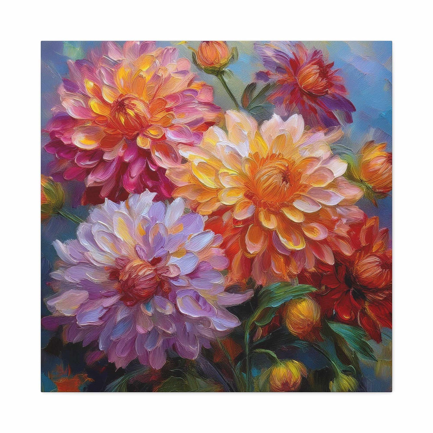 Dahlias Floral Print Canvas, Floral Oil Paint Print 20x20, 24x24, 30x30, 32x32, 36x36 Art Design Pine-Wood Inner Frame MC-165