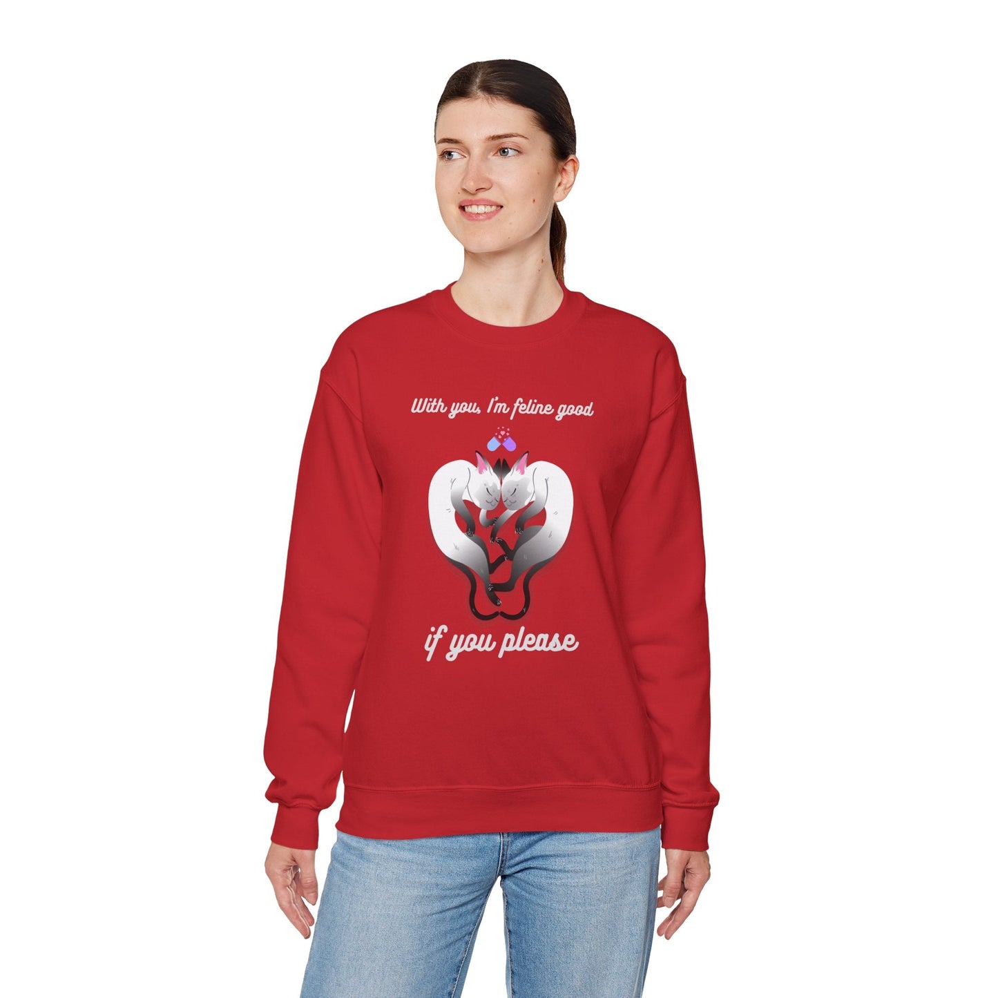 Double Cat Heart Sweatshirt Unisex Fifty Fifty Cotton Poly Valentines Day Sweatshirt