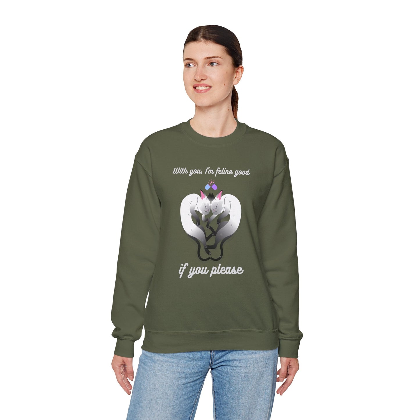 Double Cat Heart Sweatshirt Unisex Fifty Fifty Cotton Poly Valentines Day Sweatshirt
