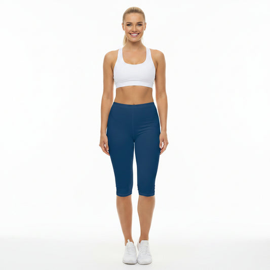Yale Blue Color Women's Brushed Suede Poly Span Casual Capri Leggings XS-2XL