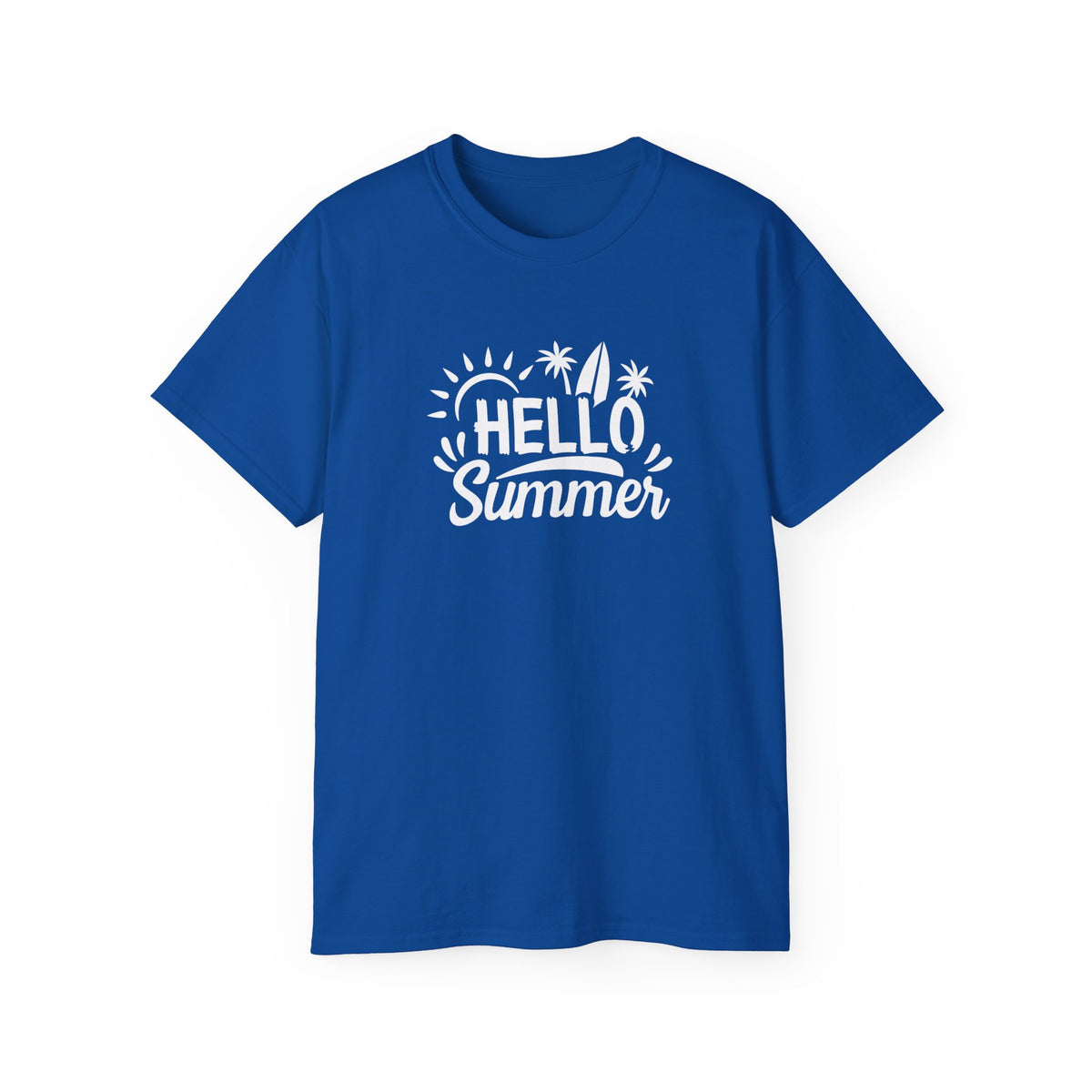 Hello Summer surfboard palm trees T-Shirt | Summer beach graphic tee