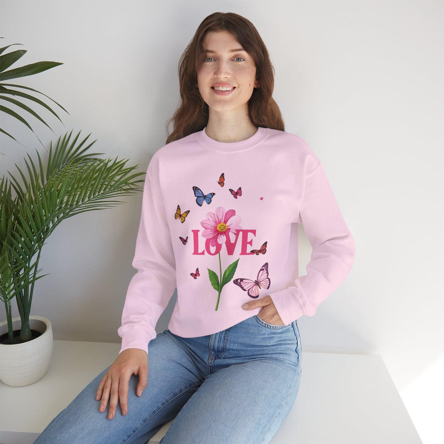 Unisex Floral Love Sweatshirt, Love Floral Sweatshirt, Floral Butterfly Sweatshirt, 50/50 Cotton-Poly Valentine's Day Sweatshirt 01
