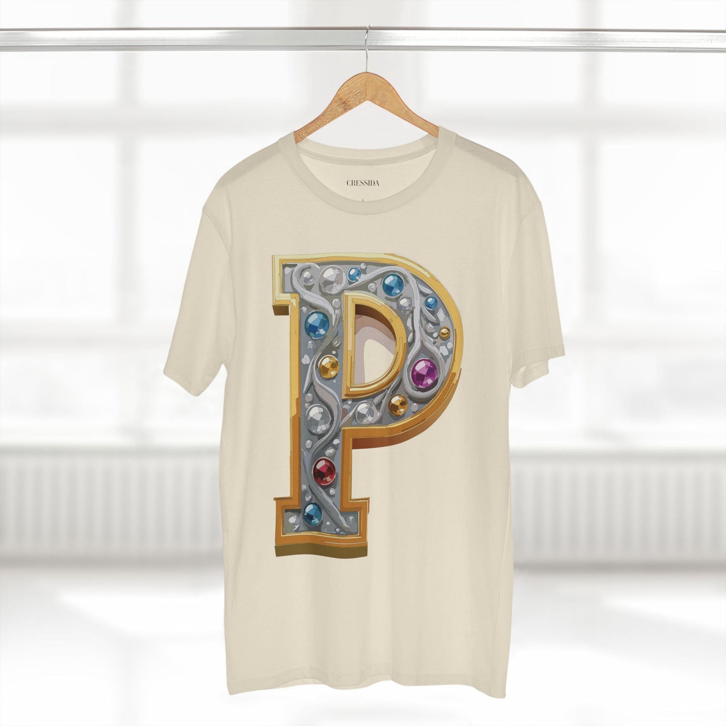 Letter P Graphic Design Tee Unisex 100 Cotton With Antique Gold Letters Artwork T-Shirt