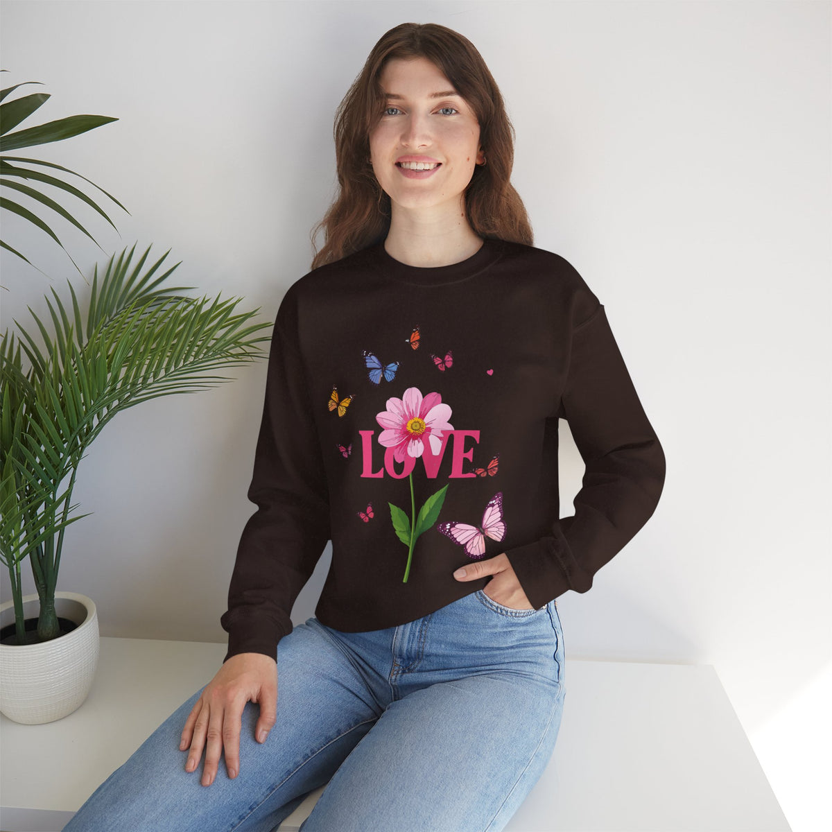 Unisex Floral Love Sweatshirt, Love Floral Sweatshirt, Floral Butterfly Sweatshirt, 50/50 Cotton-Poly Valentine's Day Sweatshirt 01