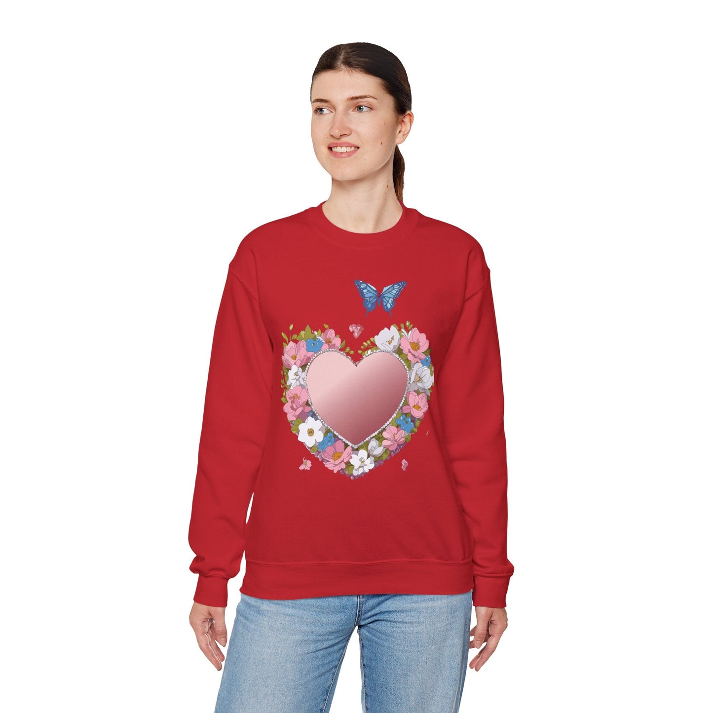 Unisex Floral Heart Sweatshirt Valentines Day Love Crewneck Gildan 18000 50/50 Cotton Polyester