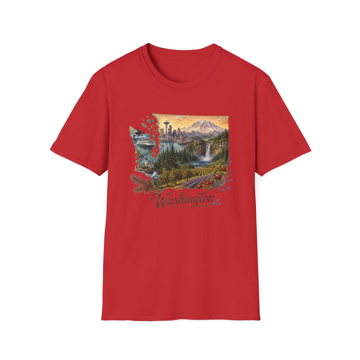 Washington Scenic T-Shirt — Vintage Mountain & Waterfall State Travel Tourist Graphic Design Unisex 100 Cotton Gildan T-Shirt