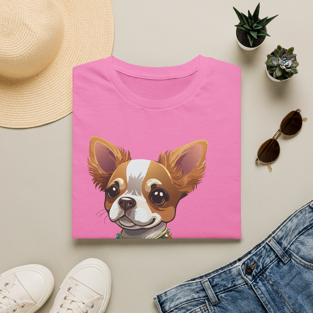 Chihuahua Pup Graphic T-Shirt — Cute Jewel-Collared Dog Graphic Design Unisex 100 Cotton Gildan T-Shirt