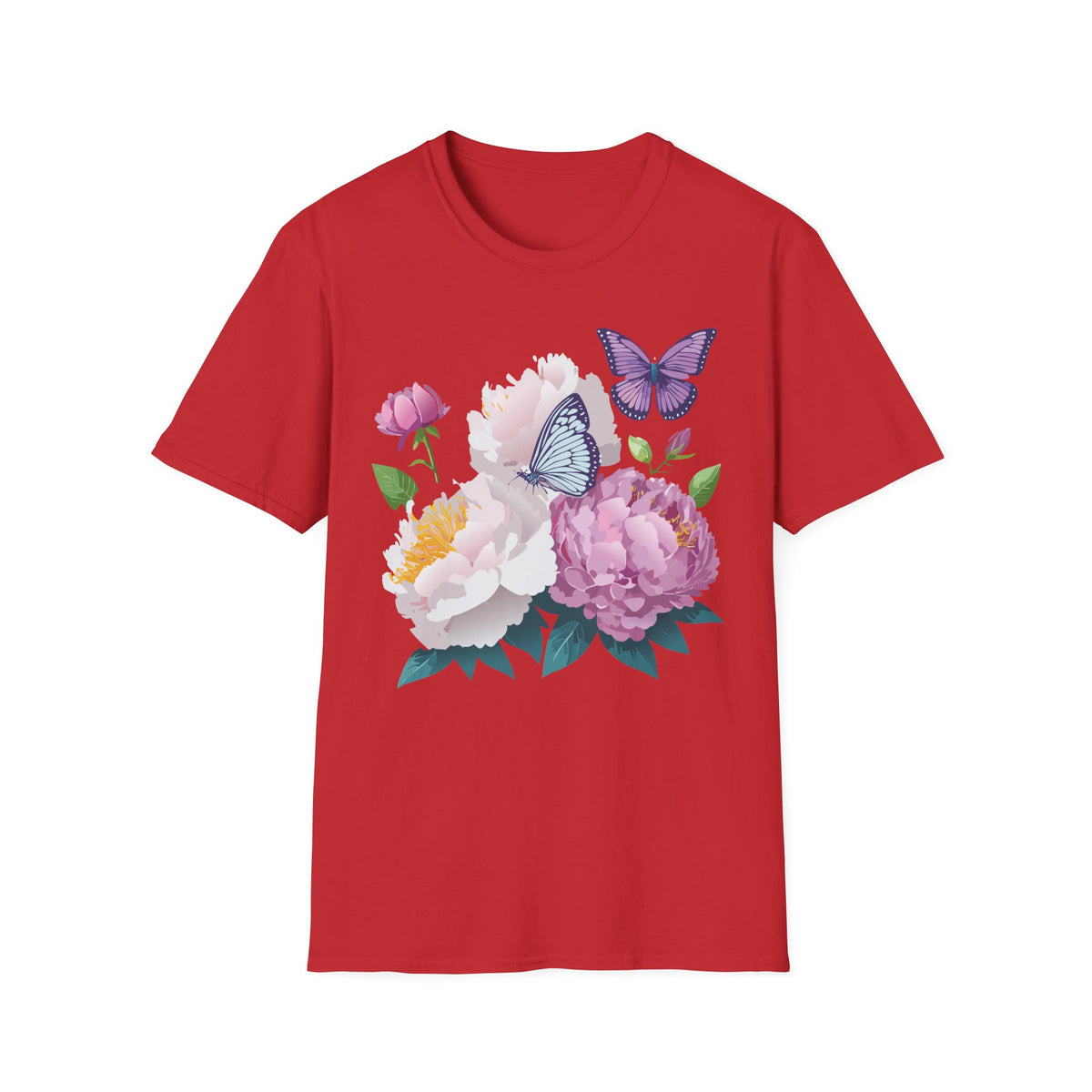 Floral Peonies & Butterflies T-Shirt — pastel garden tee for spring, Mother's Day Graphic Tee Unisex 100 Cotton Gildan T-Shirt