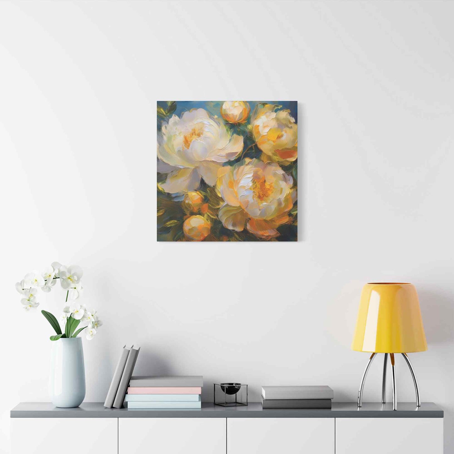 Cream Peonies Print Canvas, Floral Oil Paint Print 20x20, 24x24, 30x30, 32x32, 36x36 Art Design Pine-Wood Inner Frame MC-125