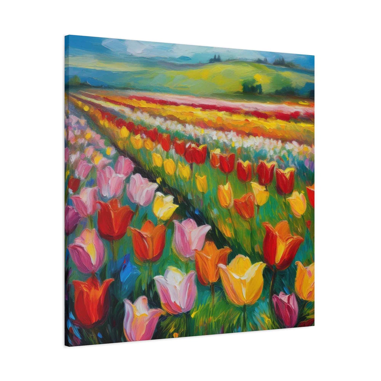 Tulips Fields Print Canvas, Floral Oil Paint Print 20x20, 24x24, 30x30, 32x32, 36x36 Art Design Pine-Wood Inner Frame MC-147