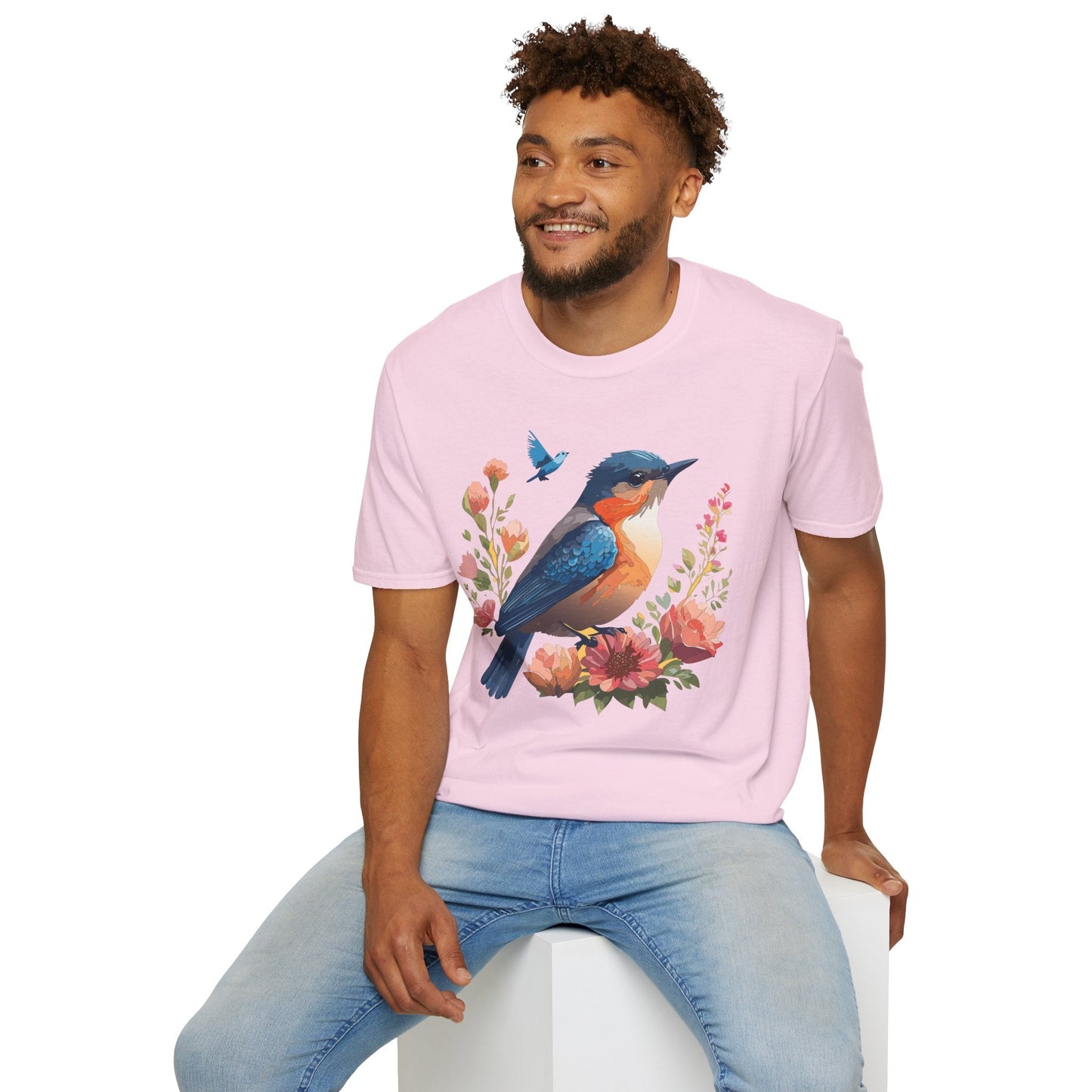 Unisex Floral Bird T Shirt Softstyle 64000 Gildan Ring Spun Cotton Tee Relaxed Fit