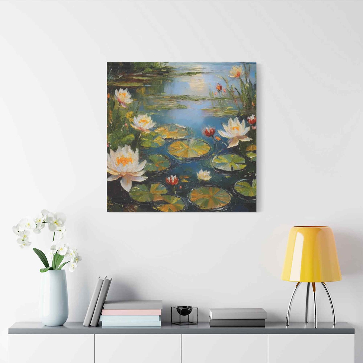 Water Lilies Print Canvas, Oil Paint Print 20x20, 24x24, 30x30, 32x32, 36x36 Floral Art Print Pine-Wood Inner Frame MC-64