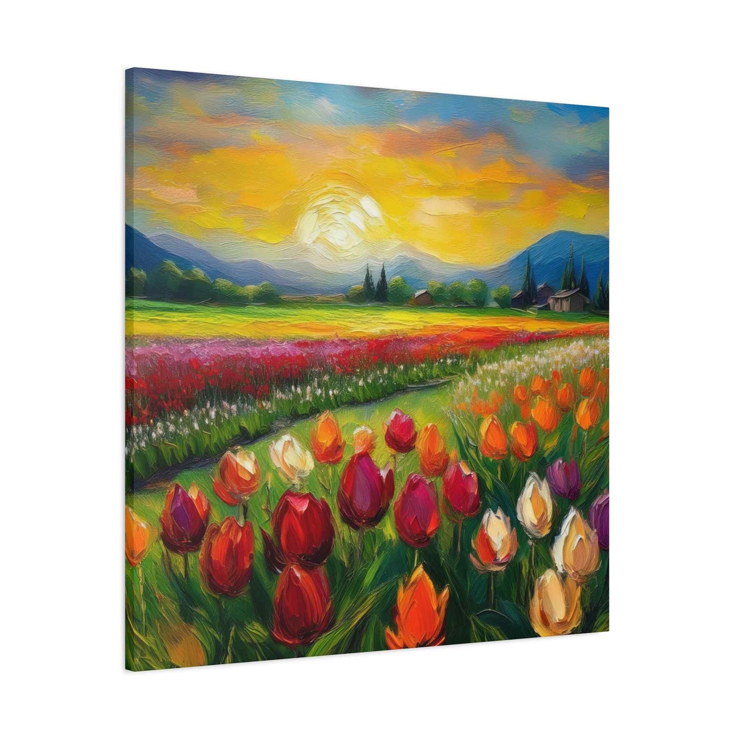 Tulips Fields Print Canvas, Floral Oil Paint Print 20x20, 24x24, 30x30, 32x32, 36x36 Art Design Pine-Wood Inner Frame MC-149