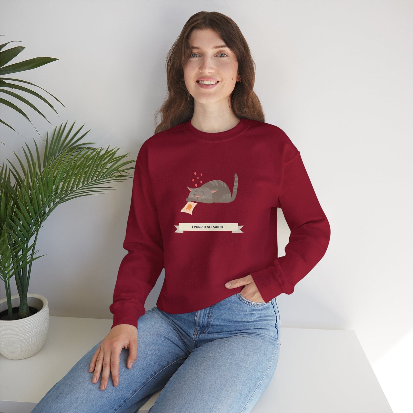 Cat Heart Sweatshirt Unisex 50/50 Cotton Poly Valentine Day Crewneck Gildan 18000