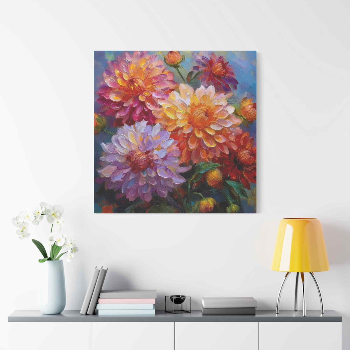 Dahlias Floral Print Canvas, Floral Oil Paint Print 20x20, 24x24, 30x30, 32x32, 36x36 Art Design Pine-Wood Inner Frame MC-165