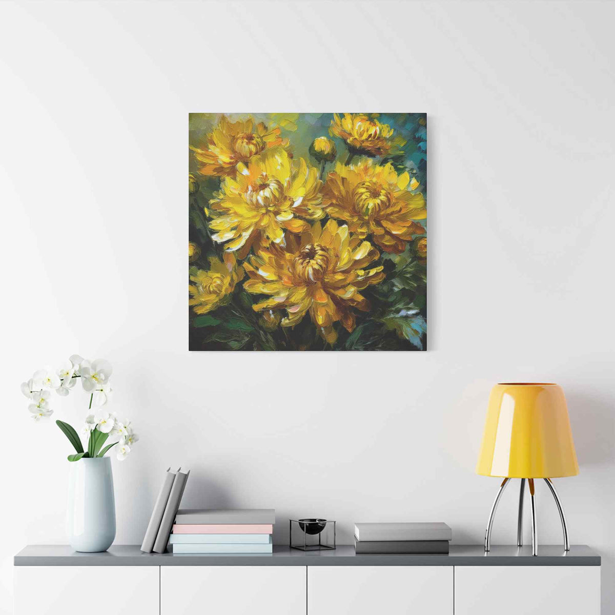 Chrysanthemums Print Canvas, Floral Oil Paint Print 20x20, 24x24, 30x30, 32x32, 36x36 Art Design Pine-Wood Inner Frame MC-162