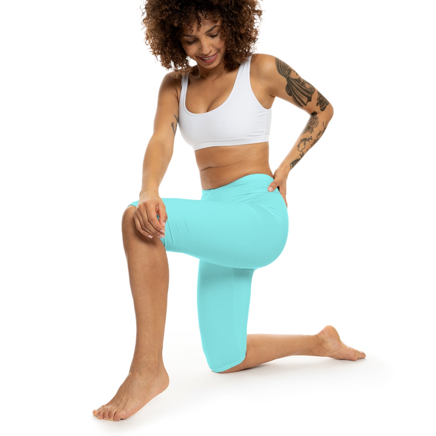 Pale Cyan Blue Color Women's Brushed Suede Poly Span Casual Capri Leggings XS-2XL