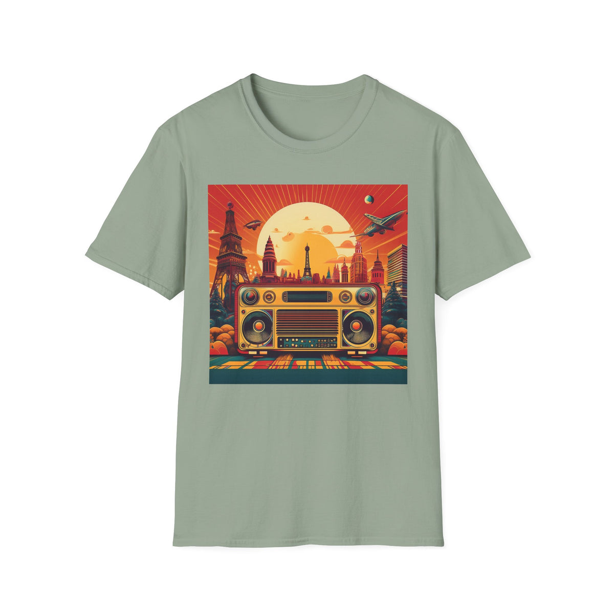 Retro Boombox Sunset Cityscape Graphic Posters, Post Stamps Design Unisex 100 Cotton Gildan T-Shirt