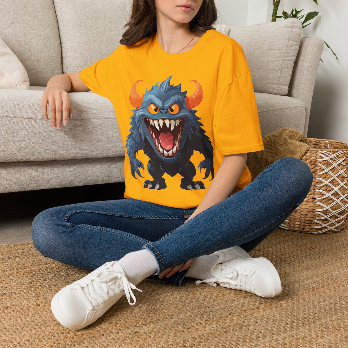 Monster Graphic T-Shirt — Fierce Blue Horned Creature Cartoon Graphic Tee Unisex 100 Cotton Gildan T-Shirt