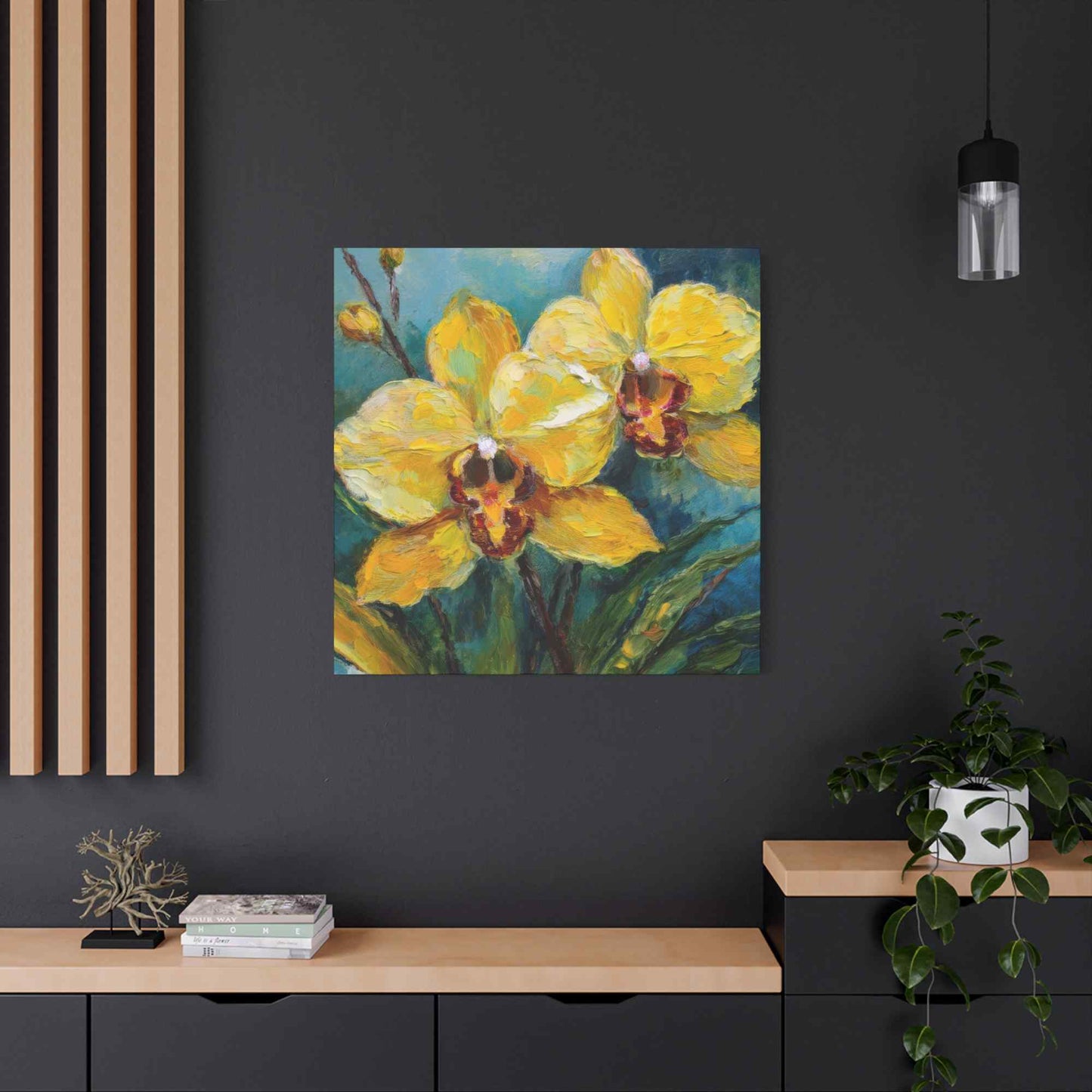 Yellow Orchids Print Canvas, Floral Oil Paint Print 20x20, 24x24, 30x30, 32x32, 36x36 Art Design Pine-Wood Inner Frame MC-139