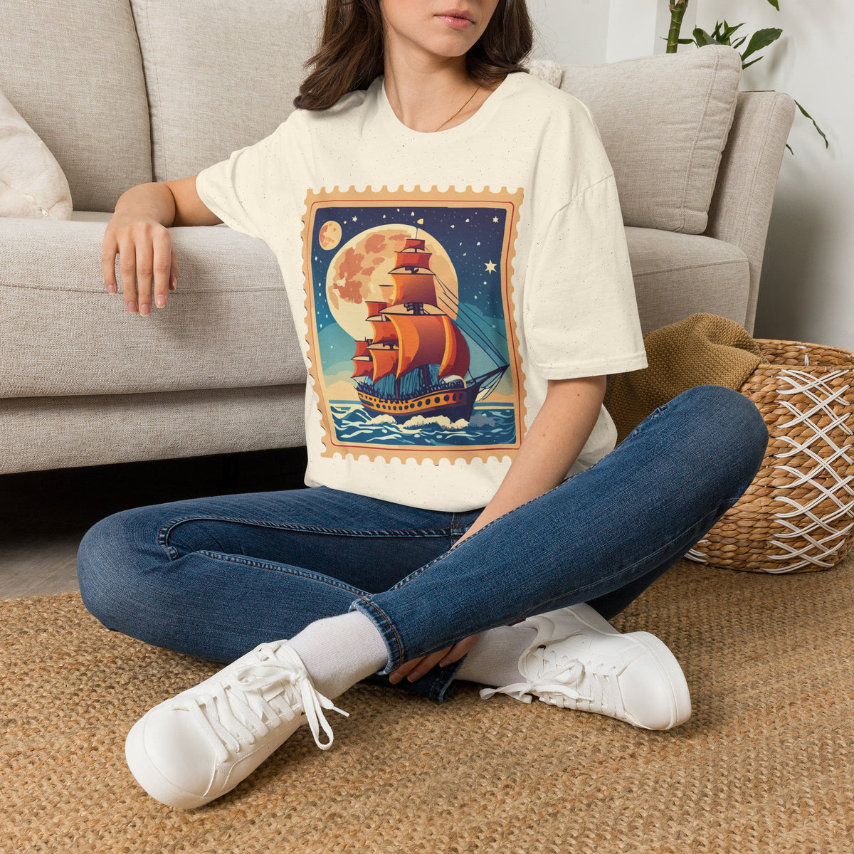 Vintage Sailing Ship T‑Shirt — Nautical Stamp Moonlight Travel Post Graphic Design Unisex 100 Cotton Gildan T-Shirt