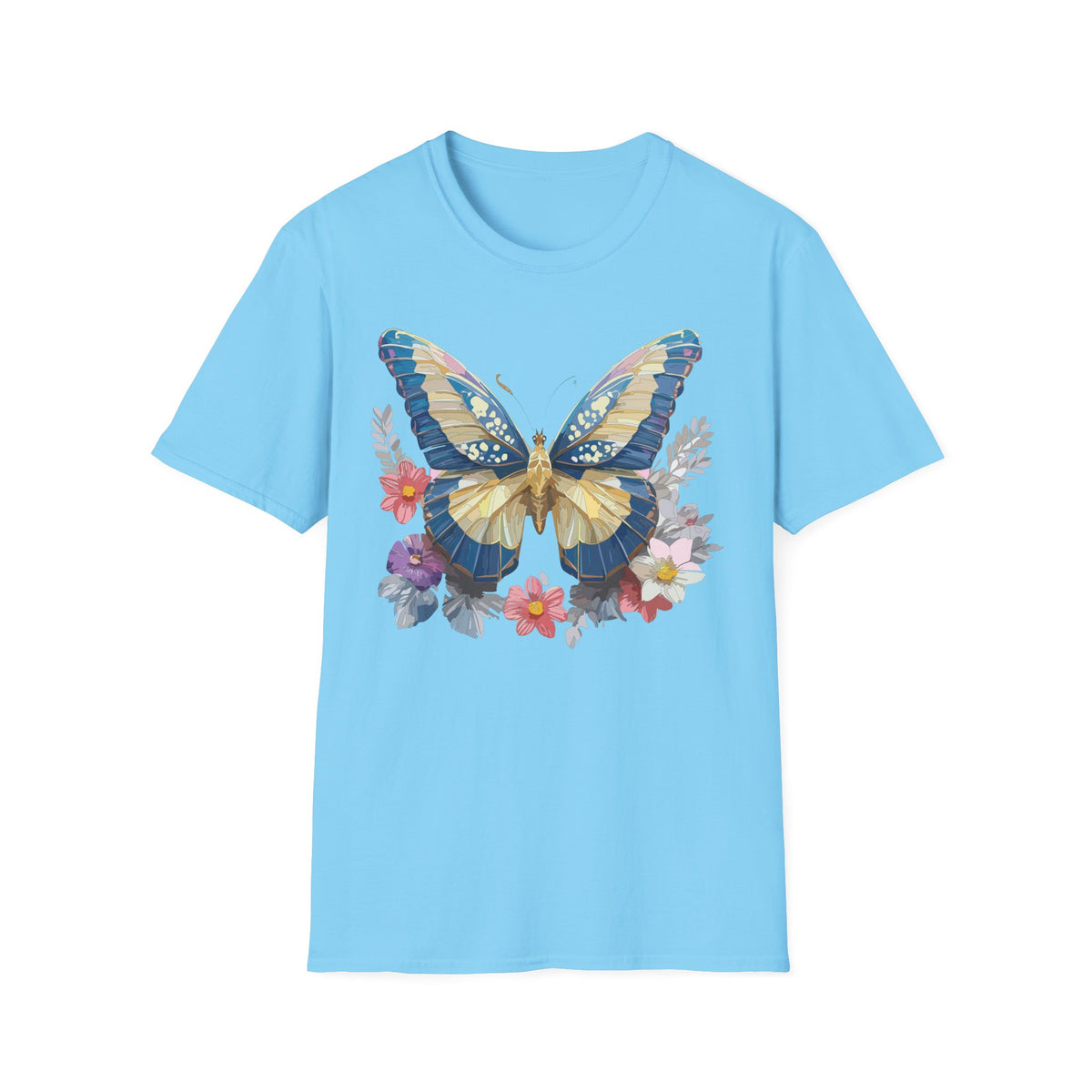 Blue Yellow Butterfly T-Shirt | Floral Wings Nature Graphic Tee Unisex 100 Cotton Gildan T-Shirt