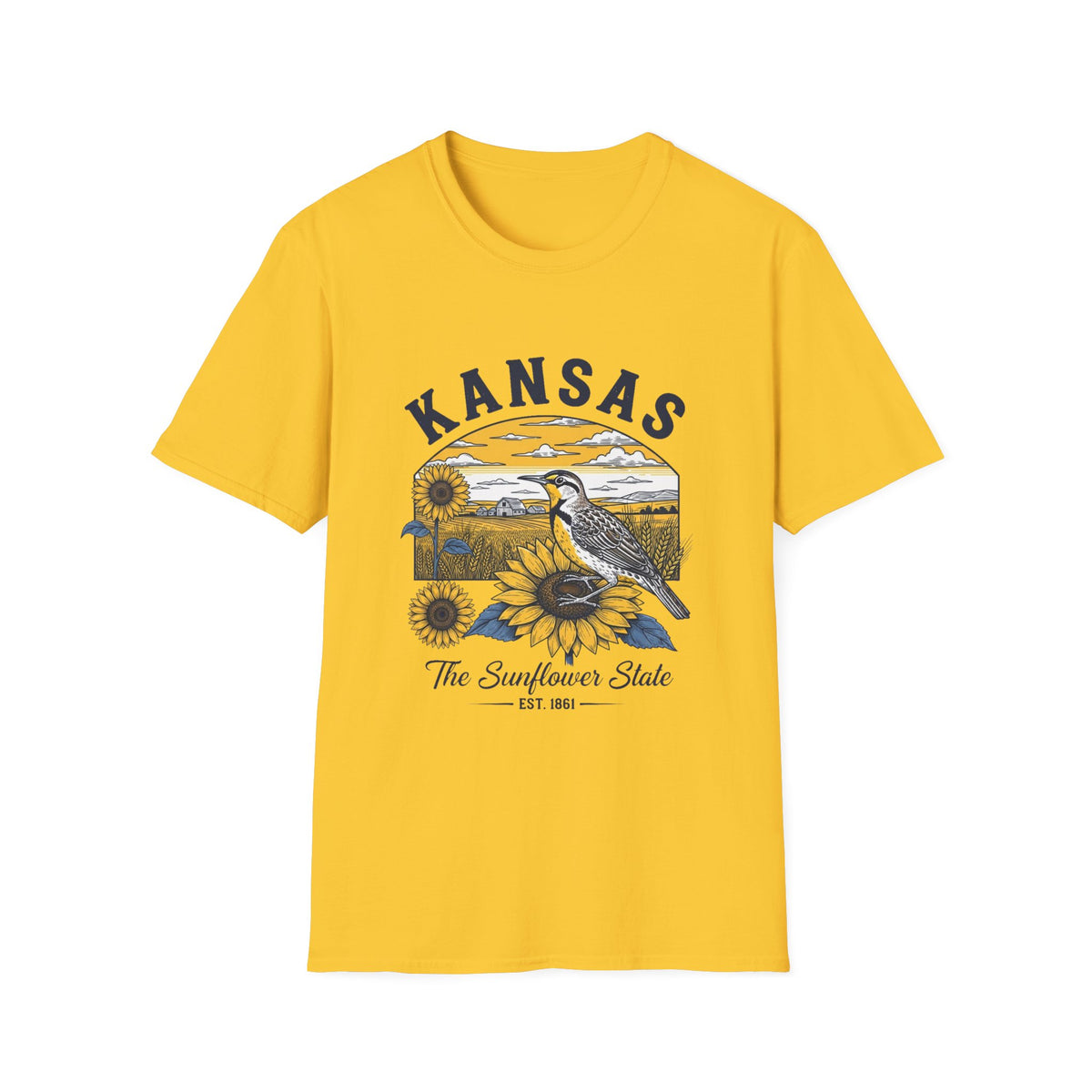 Kansas Sunflower State T-Shirt — Meadowlark Sunflowers Travel Tourist Graphic Design Unisex 100 Cotton Gildan T-Shirt