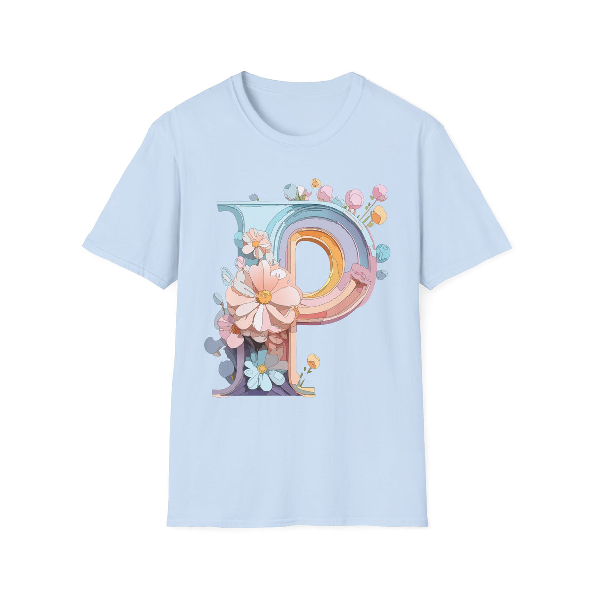 Floral Letter P T-Shirt | Pastel Rainbow Monogram Tee