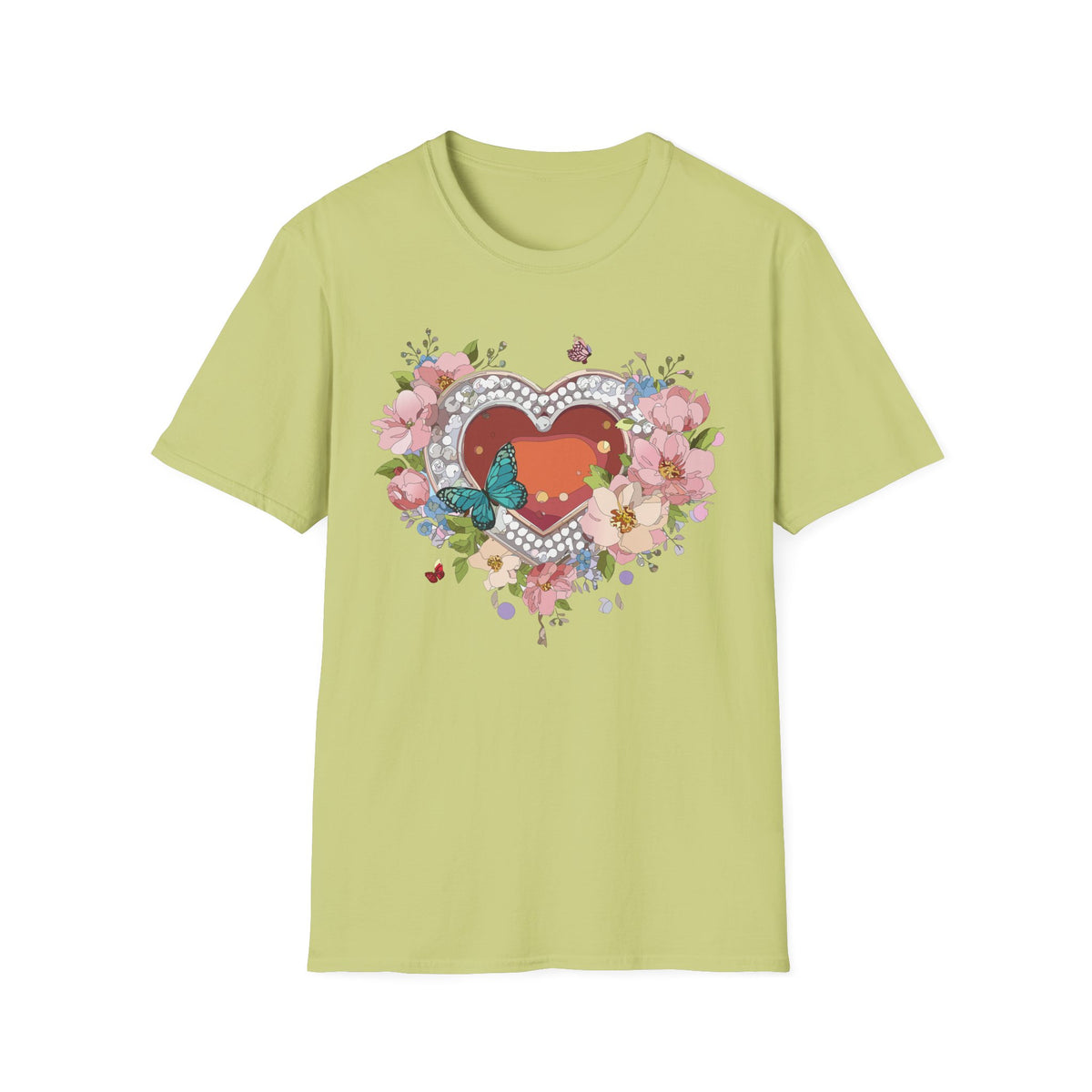 Heart with Floral Wreath and Butterfly T-Shirt | Romantic Floral Tee