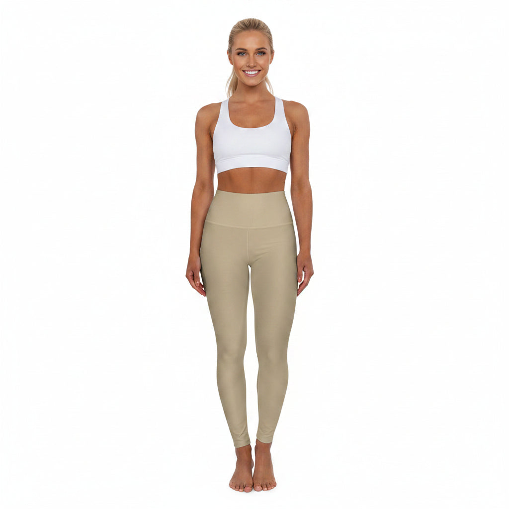 Khaki Beige Color High-Waist Yoga Leggings Women's Seamless Poly-Span Stretchy Pants XS-2XL
