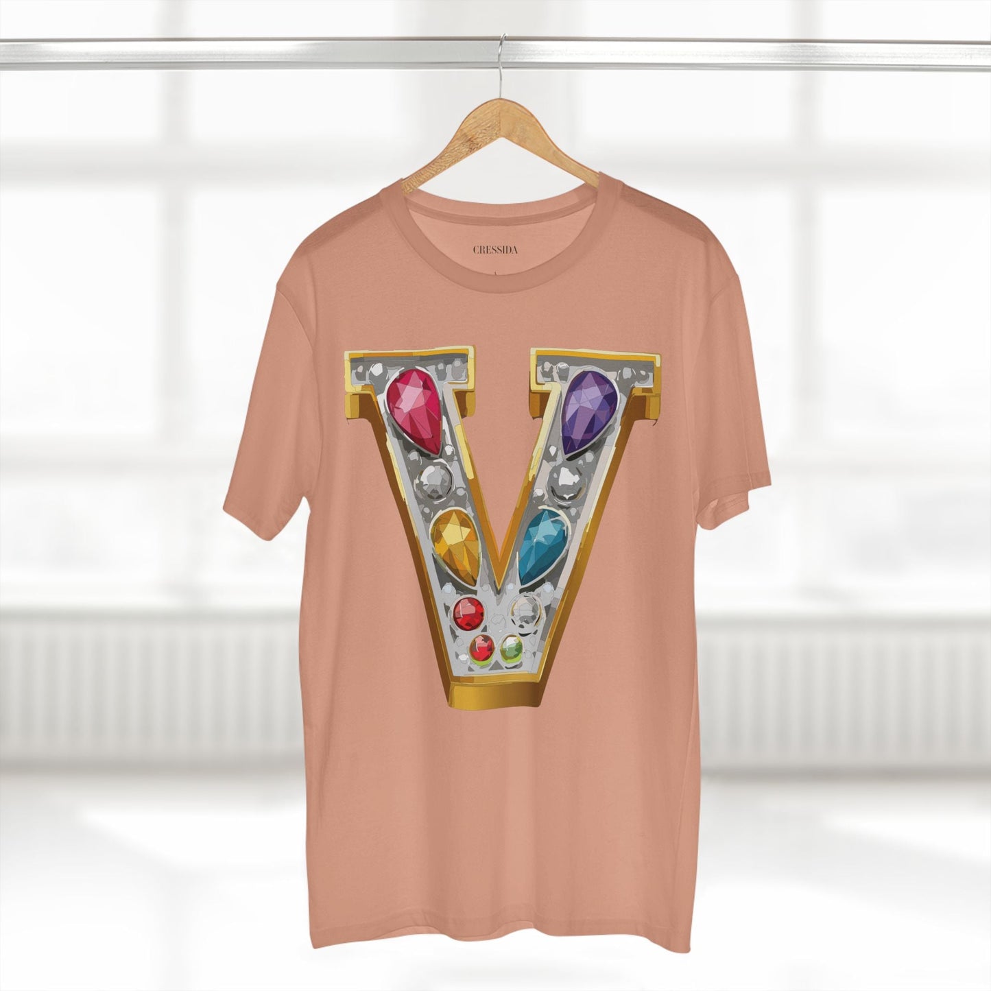 Letter V Graphic Design Tee Unisex 100 Cotton With Antique Gold Letters Artwork T-Shirt