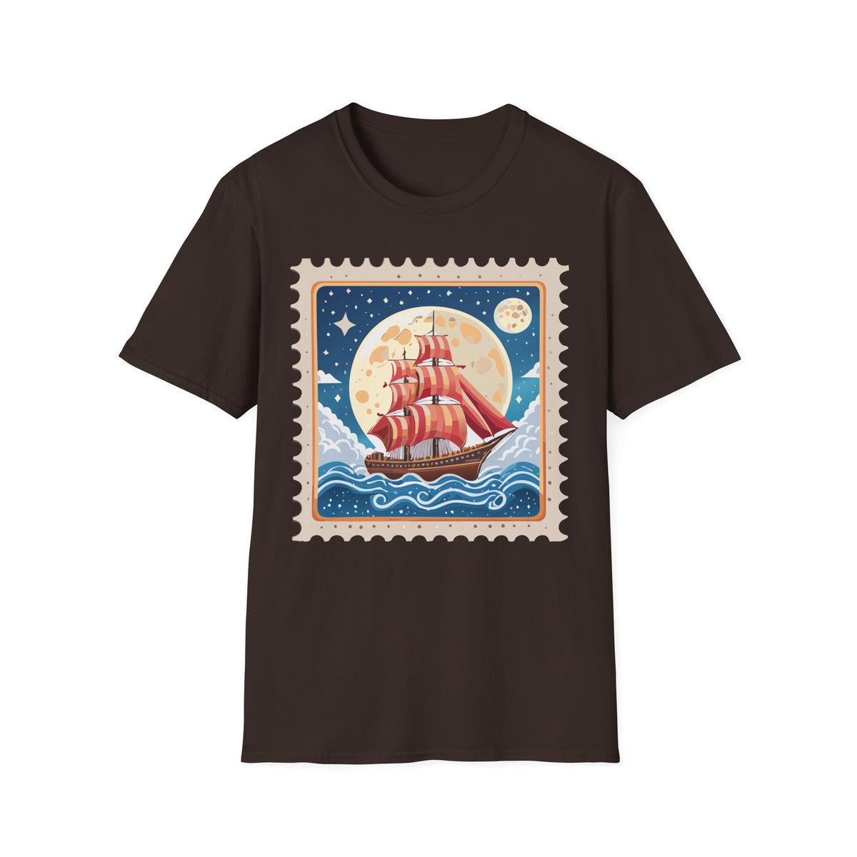Red Sail Ship Moon Stamp T-Shirt | Nautical Vintage Illustration