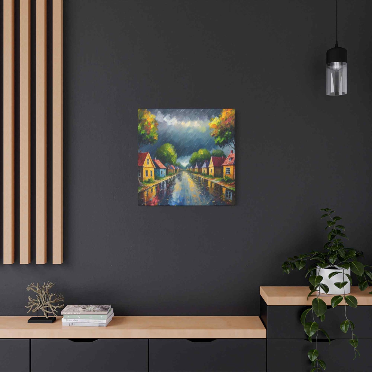 Rainy Village Street Canvas, Matte Oil Paint Print 20x20, 24x24, 30x30, 32x32, 36x36, Art Design Print Non-Frame MC-3