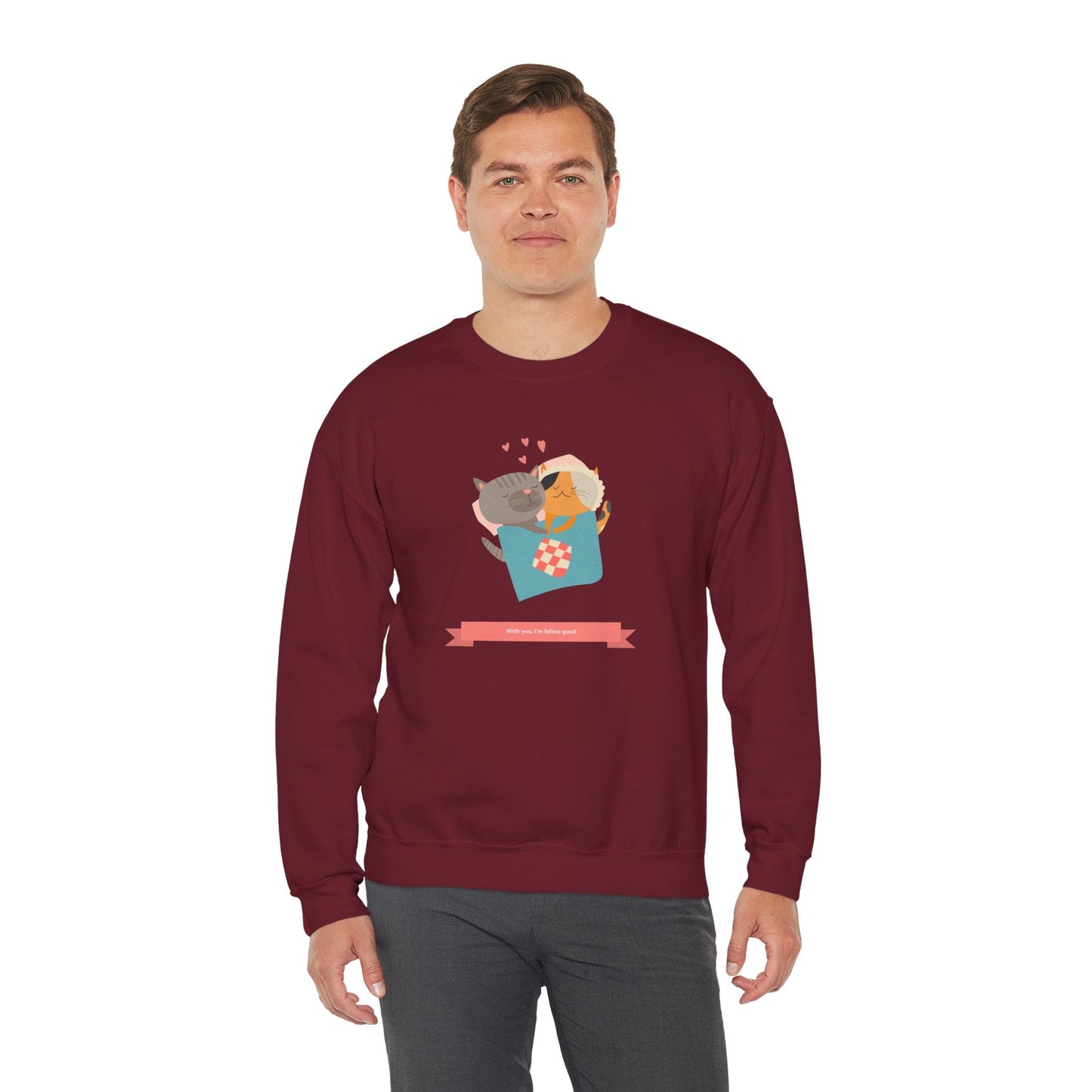 Cat Heart Sweatshirt Unisex Valentines Day 50 50 Cotton Poly Crewneck Gildan 18000